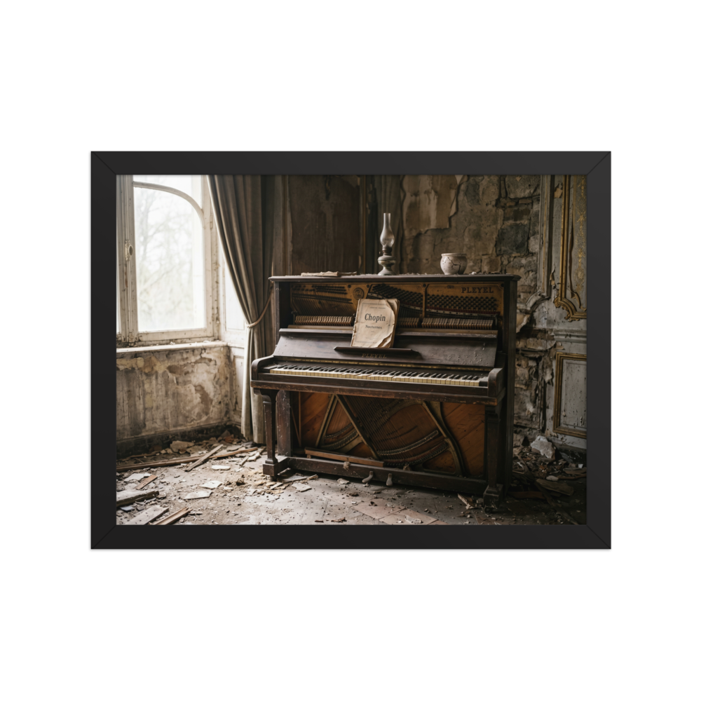 'The Forgotten Melody' — a Art photography print. A photograph of an old, dusty piano with Chopin sheet music in an abandoned room with peeling walls, perfect for bringing a touch of history to a Library.