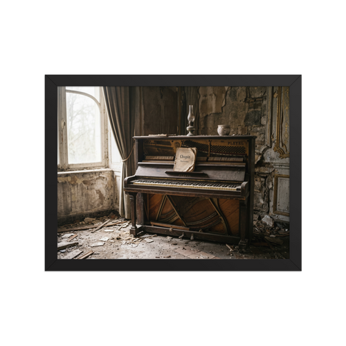 'The Forgotten Melody' — a Art photography print. A photograph of an old, dusty piano with Chopin sheet music in an abandoned room with peeling walls, perfect for bringing a touch of history to a Library.