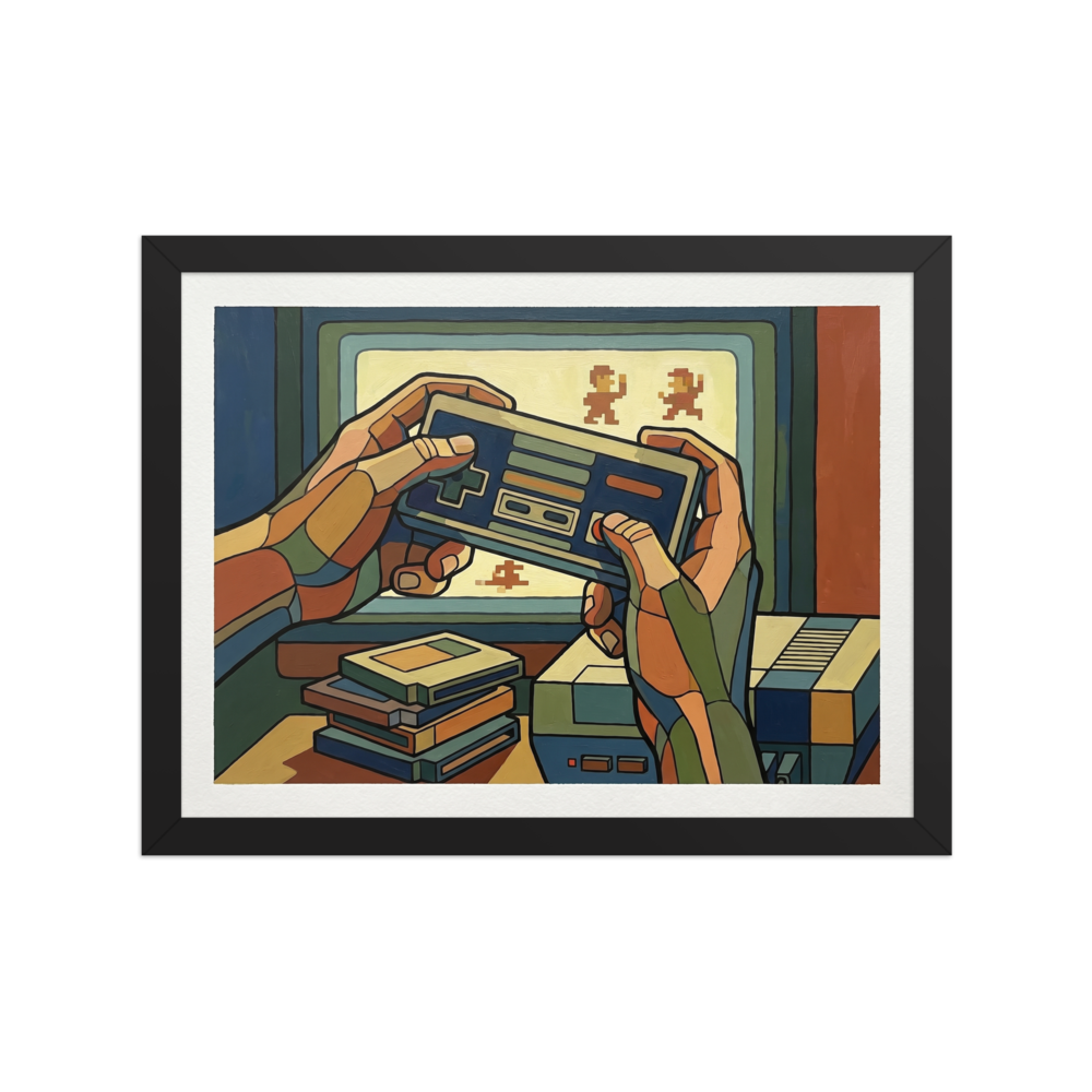 '8-Bit Nostalgia' — a Cloisonnism,Pop art print. A retro gaming scene painted in a Cloisonnism style, featuring hands holding an old controller in front of a CRT TV, ideal for a game room.