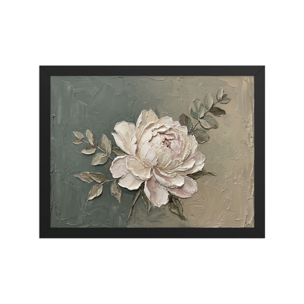 'Textured White Peony' — a Impressionism print. An elegant impasto painting of a large white peony flower with delicate green leaves against a textured olive and grey background, perfect for a bedroom or living room.