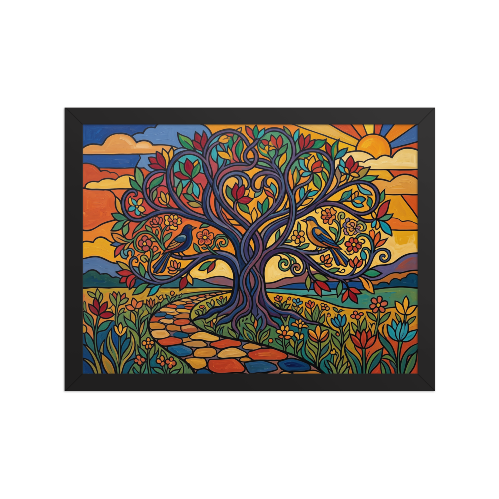 'The Tree of Life' — a Cloisonnism,Pop art print. A colorful cloisonnism illustration of a large tree with swirling branches, colorful leaves, two birds, and a colorful stone path leading towards a bright sunset.