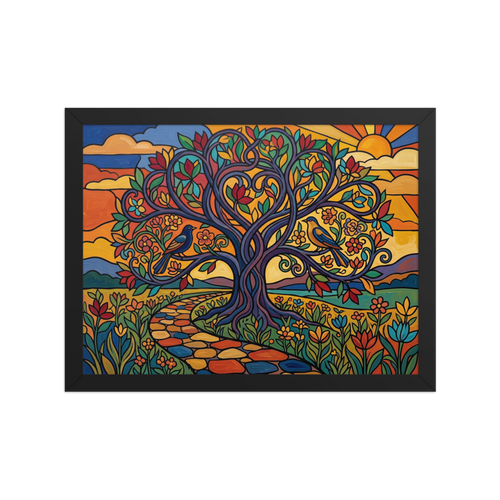 'The Tree of Life' — a Cloisonnism,Pop art print. A colorful cloisonnism illustration of a large tree with swirling branches, colorful leaves, two birds, and a colorful stone path leading towards a bright sunset.