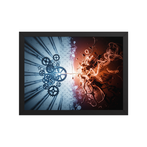 'Mechanical Genesis' — a Abstract art print. A striking contrast of blue mechanical gears and red organic fluid forms, ideal for a modern game room.