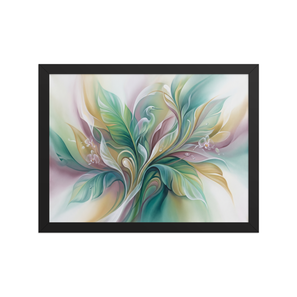 'Emerald Sanctuary' — a Surrealism print. A soft airbrush painting of elegant leaves and a subtle heron in gentle greens and purples, perfect for a relaxing bathroom.