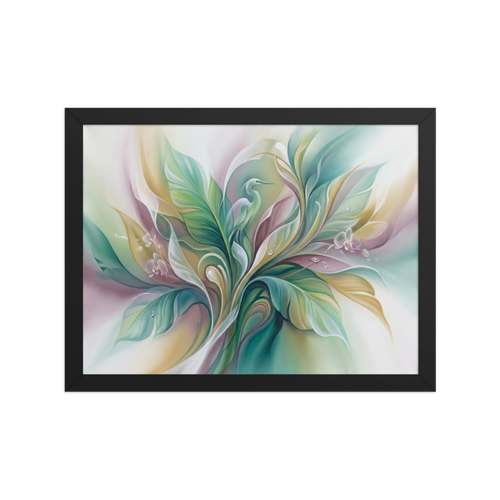'Emerald Sanctuary' — a Surrealism print. A soft airbrush painting of elegant leaves and a subtle heron in gentle greens and purples, perfect for a relaxing bathroom.