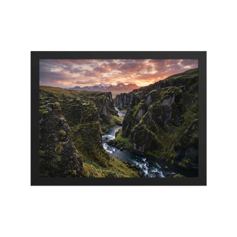 'Canyon of the Dawn' — a Art photography print. A stunning landscape photograph of a moss-covered canyon and river under a vibrant sunrise sky, perfect for bringing the beauty of nature into a Living Room.