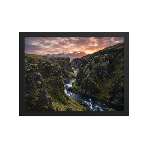 'Canyon of the Dawn' — a Art photography print. A stunning landscape photograph of a moss-covered canyon and river under a vibrant sunrise sky, perfect for bringing the beauty of nature into a Living Room.