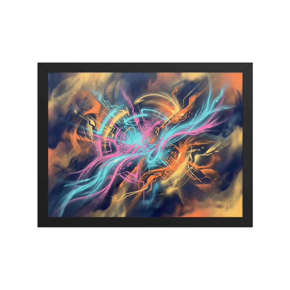 'Neon Core' — a Abstract art,Pop art print. An energetic abstract piece with glowing neon cyan and pink lines against a dark, smoky orange and blue background, perfect for a modern game room.