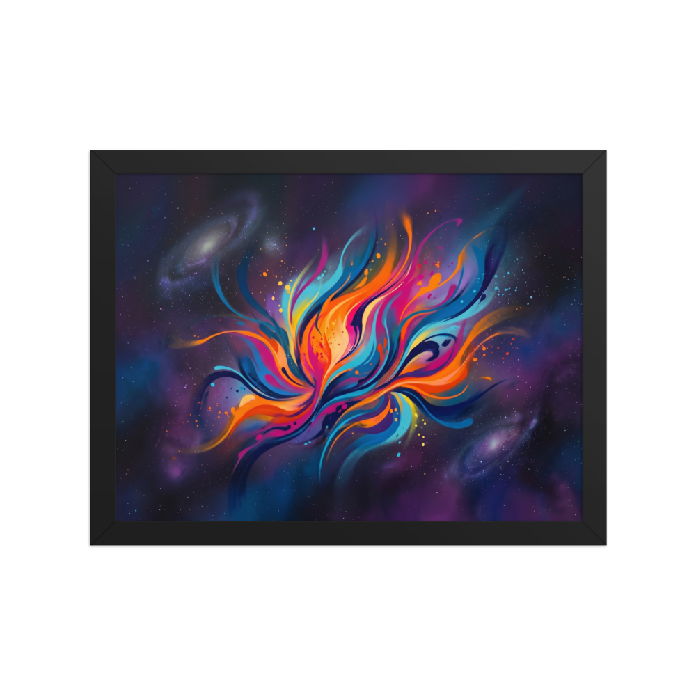 'Cosmic Flora' — a Abstract art print. An abstract colorful fluid explosion resembling a flower set against a dark starry space background, ideal for a Home Theater / Cinema.
