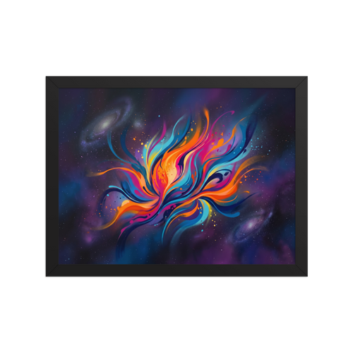 'Cosmic Flora' — a Abstract art print. An abstract colorful fluid explosion resembling a flower set against a dark starry space background, ideal for a Home Theater / Cinema.