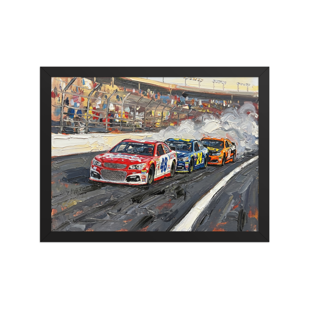 'Thunder on the Track' — a Expressionism print. A highly textured painting of stock cars racing and billowing smoke on a track, perfect for a man cave.
