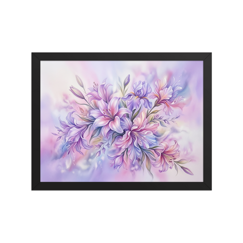 'Pastel Petals' — a Impressionism print. A soft and dreamy airbrush painting of purple and pink lilies, bringing tranquility to a bedroom.