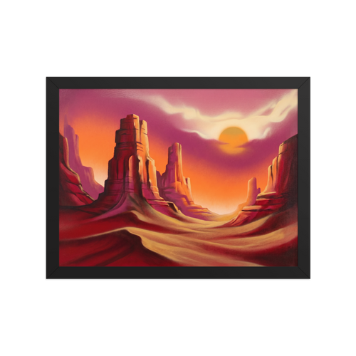 'Crimson Canyons' — a Realism print. A vibrant, smooth depiction of desert mesas at sunset, bringing a warm glow to a Living Room.