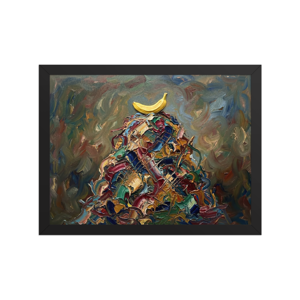 'The Pinnacle' — a Expressionism print. An impasto painting of a yellow banana sitting on top of a chaotic pile of colorful paint strokes, suited for a modern Dining Room.