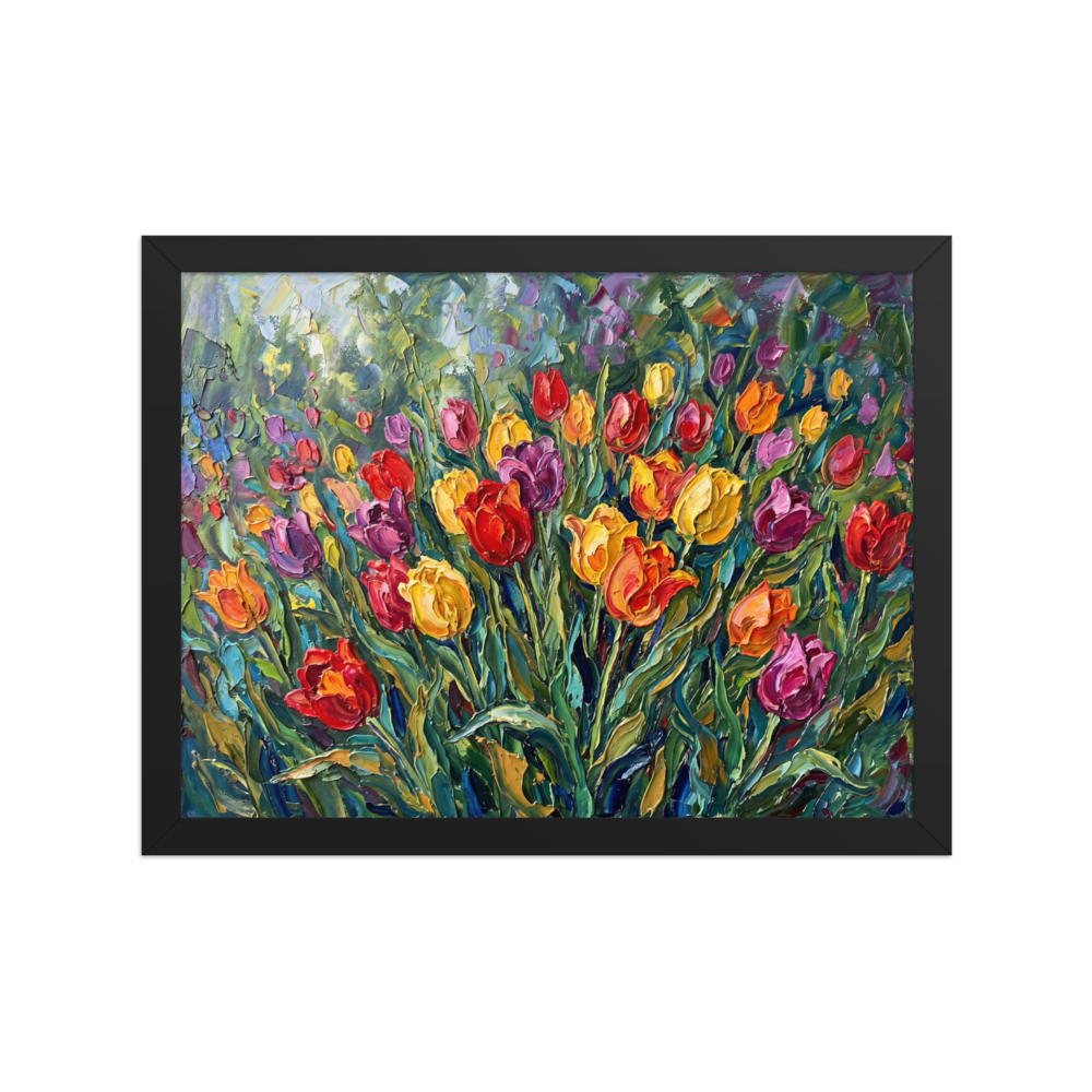 'Tulip Symphony' — a Impressionism print. A textured impasto painting of a vibrant field of tulips in red, yellow, purple, and orange hues, set against a lush green background, ideal for a dining room or bedroom.