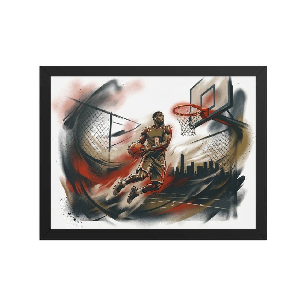'The Final Dunk' — a Figurative art print. An athletic basketball player performing a slam dunk with energetic splashes of color, bringing excitement to a Game Room.