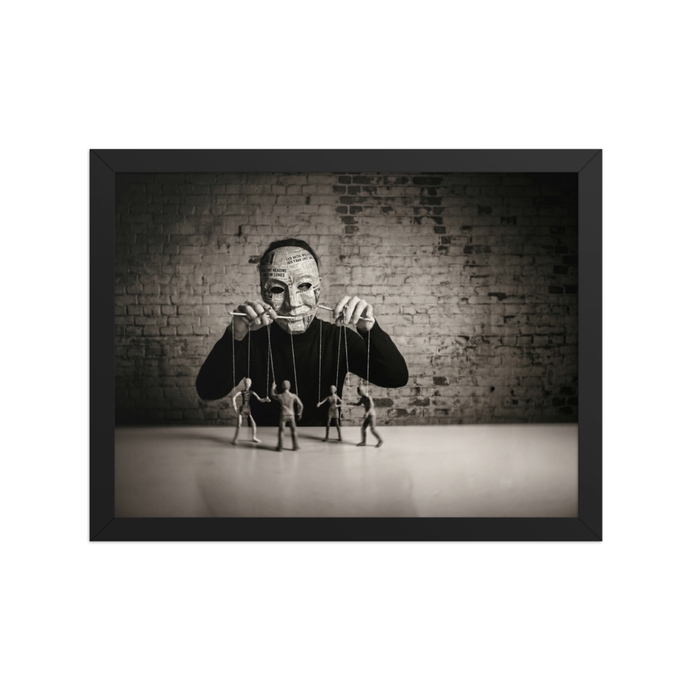 'The Puppeteer of News' — a Surrealism print. Conceptual sepia photograph of a person in a newspaper mask acting as a puppeteer, controlling small human figures on strings against a brick wall, ideal for a moody den or office.