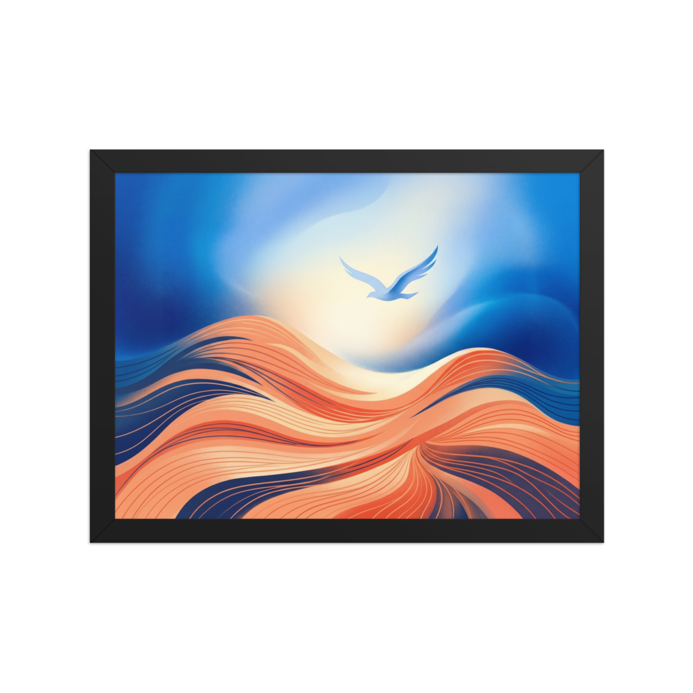 'Flight Over the Dunes' — a Abstract art print. A stylized bird flying over flowing textured orange waves or dunes under a bright blue sky, great for a Sunroom / Conservatory.