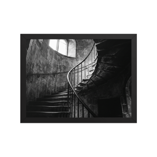 'Ascending Shadows' — a Art photography print. A black and white photograph of a winding stone staircase bathed in dramatic natural light, an elegant focal point for a Hallway.