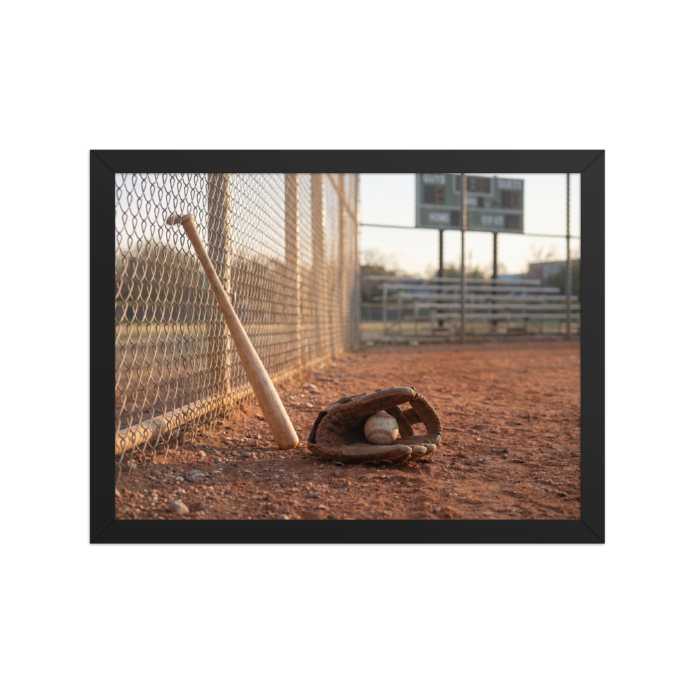 'Field of Memories' — a Art photography print. A photograph of a baseball bat leaning against a fence next to a glove and ball on a dirt field at sunset, a nostalgic piece for a Game Room.