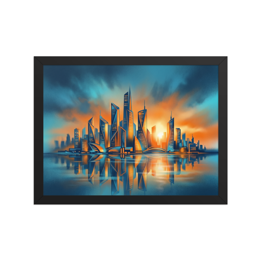 'Golden Hour Metropolis' — a Modernism print. A futuristic city skyline reflecting on water during sunset, adding a touch of modern elegance to an Office.