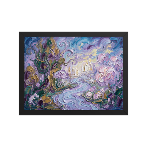 'Lavender Dreamscape' — a Post-Impressionism print. A highly textured abstract landscape painting with swirling lavender and blue skies, pastel pink flowers, and twisting trees in green and gold, perfect for a bedroom.