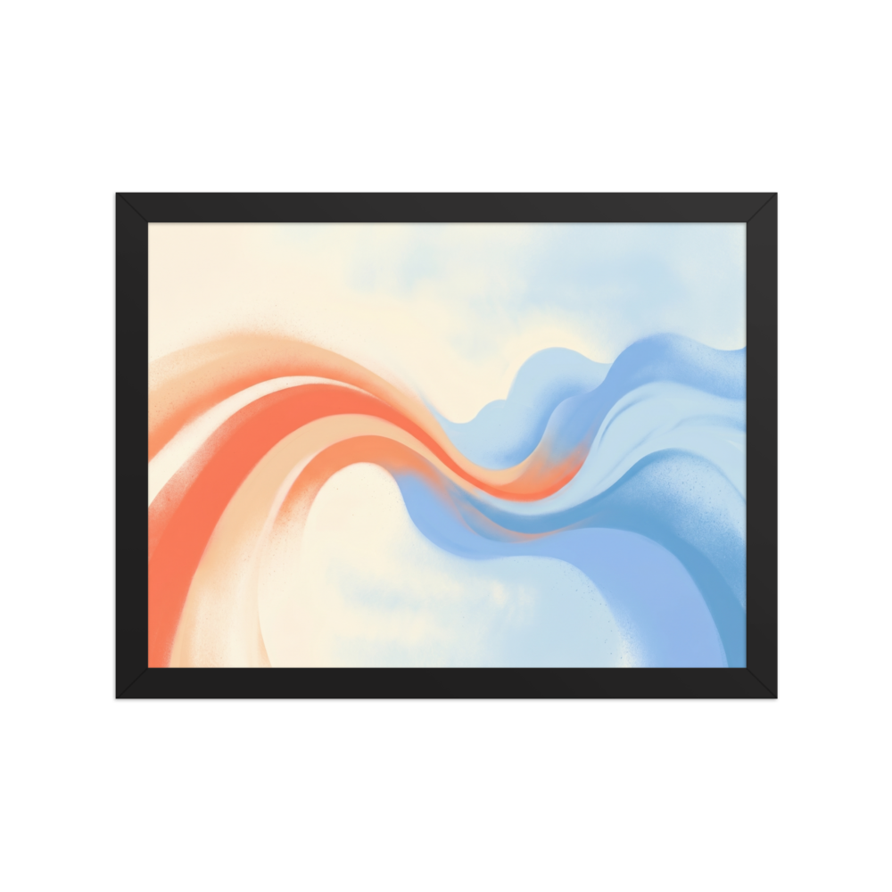 'Soft Serenade' — a Abstract art print. Soft sweeping abstract ribbons of pastel orange and blue on a warm background, beautifully suited for a Bedroom.