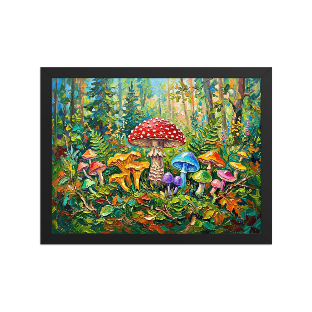 'The Enchanted Grove' — a Fauvism print. An impasto painting of bright, colorful mushrooms in a vibrant green forest, perfect for a Playroom.