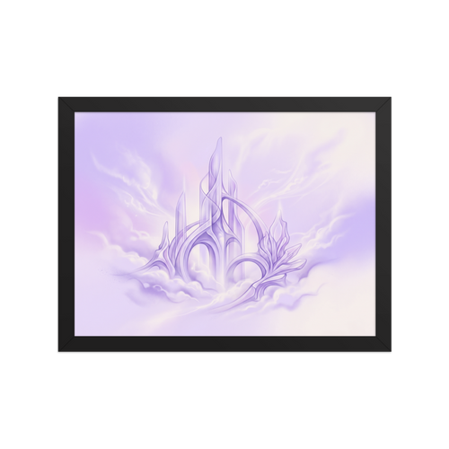 'Cloud City Crystal' — a Surrealism print. A soft pastel airbrush painting of a crystal castle floating in the clouds, perfect for a calming nursery.