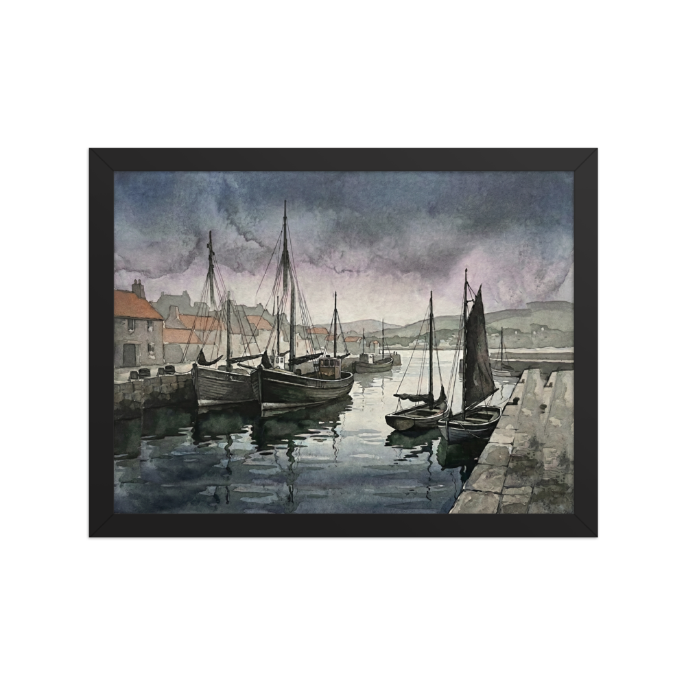 'Harbor at Dusk' — a Realism print. Watercolor painting of fishing boats moored in a calm harbor under a dark, stormy sky, perfect for a moody living room.