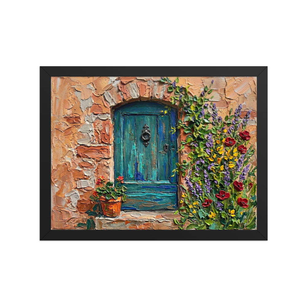 'The Hidden Courtyard Door' — a Impressionism print. A heavily textured impasto painting of a rustic teal wooden door surrounded by stone and climbing flowers in red, purple, and yellow, perfect for an entryway.