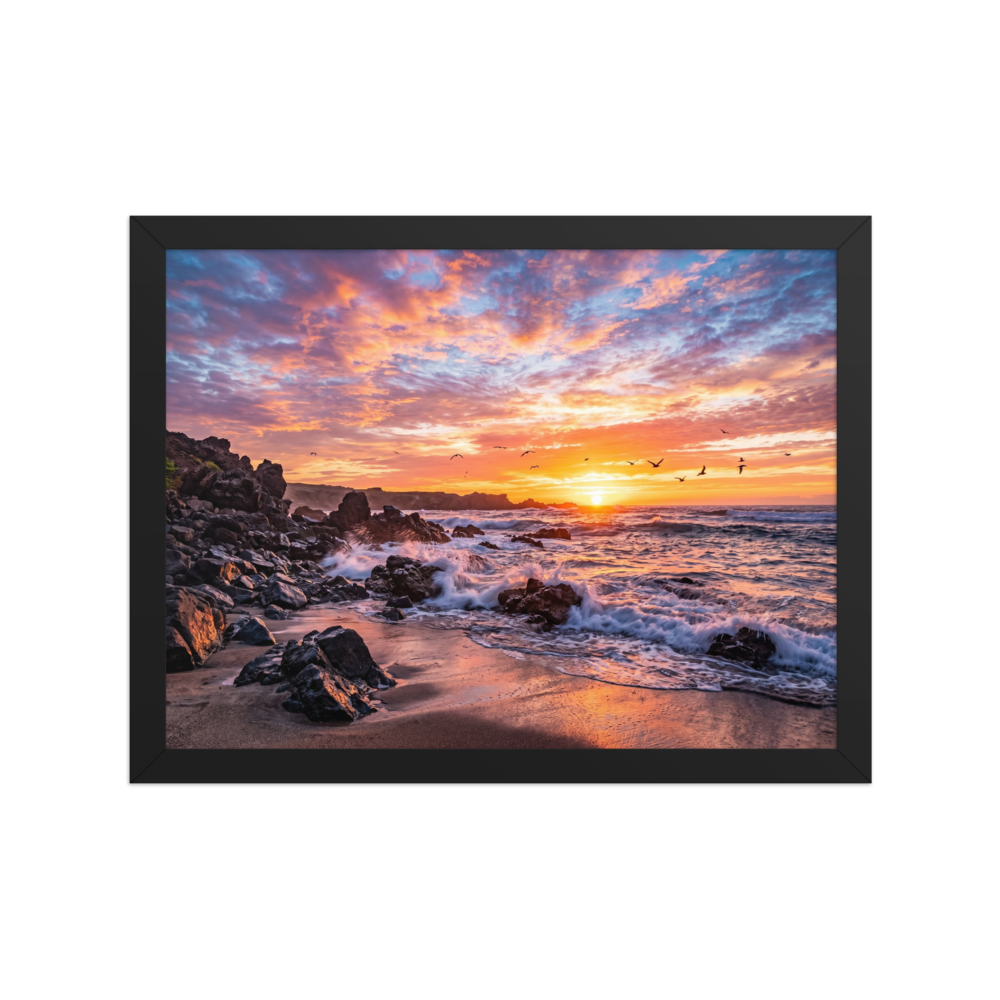 'Coastal Fire' — a Art photography print. A vibrant photograph of a sunset over a rocky beach with crashing waves and birds flying in the distance, a beautiful piece for a Living Room.