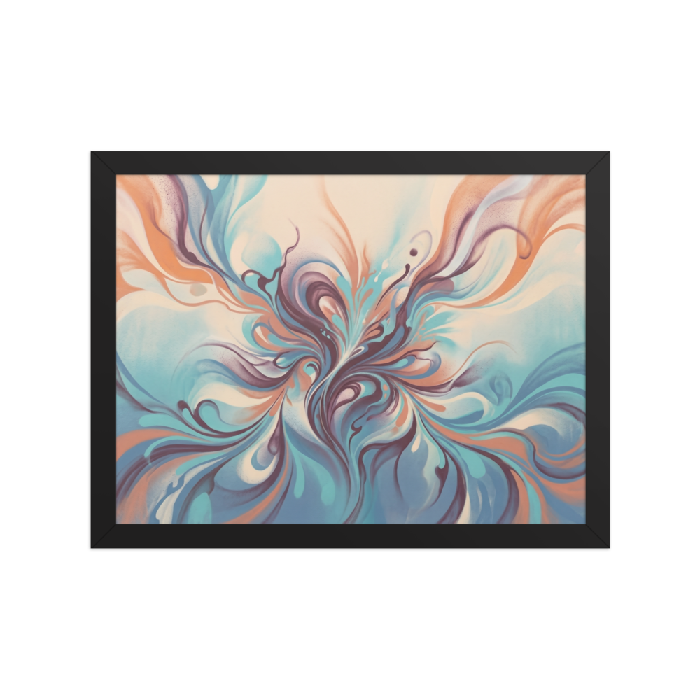 'Aqua Arabesque' — a Abstract art print. An intricate fluid abstract design in teal, peach, and deep purple with graceful sweeping curves, perfect for a Salon / Spa.