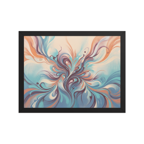 'Aqua Arabesque' — a Abstract art print. An intricate fluid abstract design in teal, peach, and deep purple with graceful sweeping curves, perfect for a Salon / Spa.