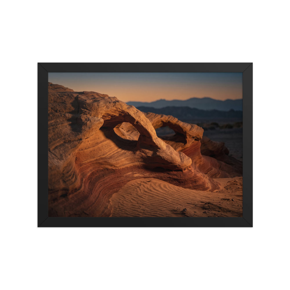 'Desert Whispers' — a Art photography print. A stunning photograph of red sandstone arches in a desert landscape during golden hour, an ideal piece to bring natural warmth to a Living Room.