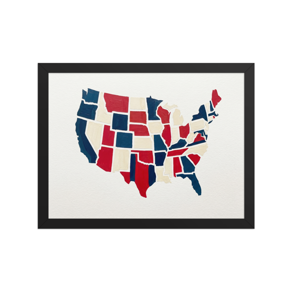 'The Patchwork States' — a Abstract art,Pop art print. An abstract, textured painting of the United States map in red, white, and blue, perfect for an office.