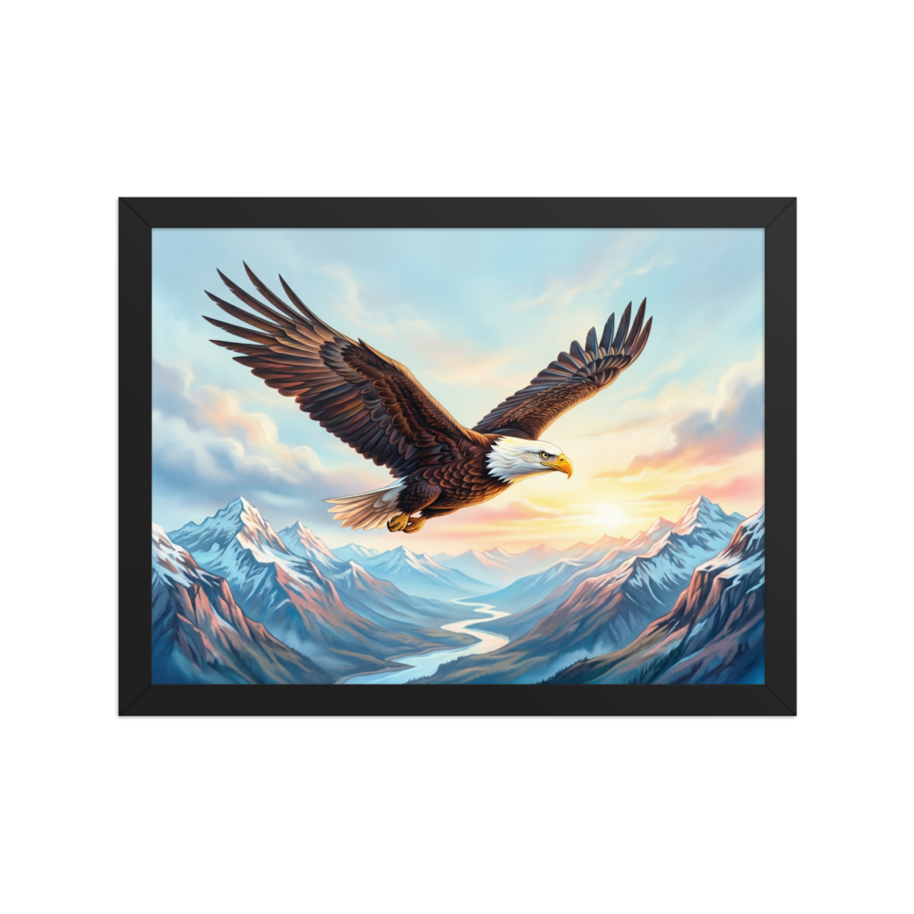 'Valley Flight' — a Realism print. A majestic bald eagle flying over a dramatic mountain valley and river, making a proud statement in an Office.