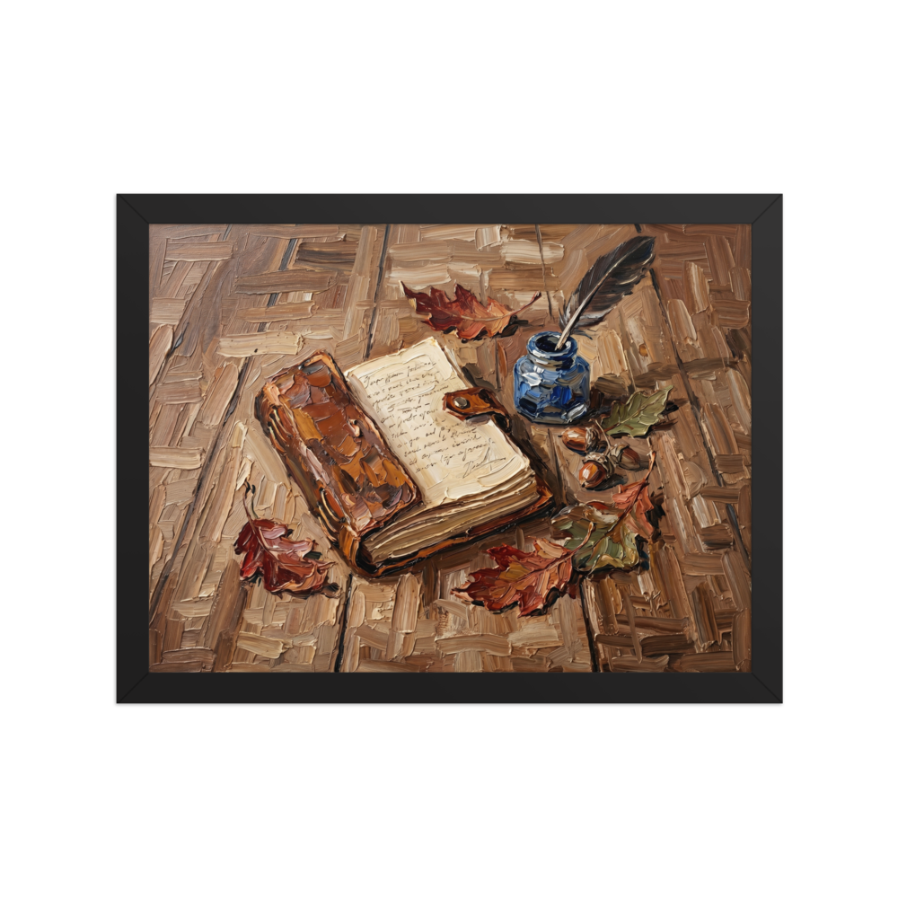 'Chronicles in Oak' — a Impressionism print. Impasto oil painting of an open book, quill, and inkwell on a wooden table, perfect for a library.