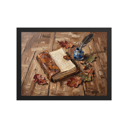 'Chronicles in Oak' — a Impressionism print. Impasto oil painting of an open book, quill, and inkwell on a wooden table, perfect for a library.