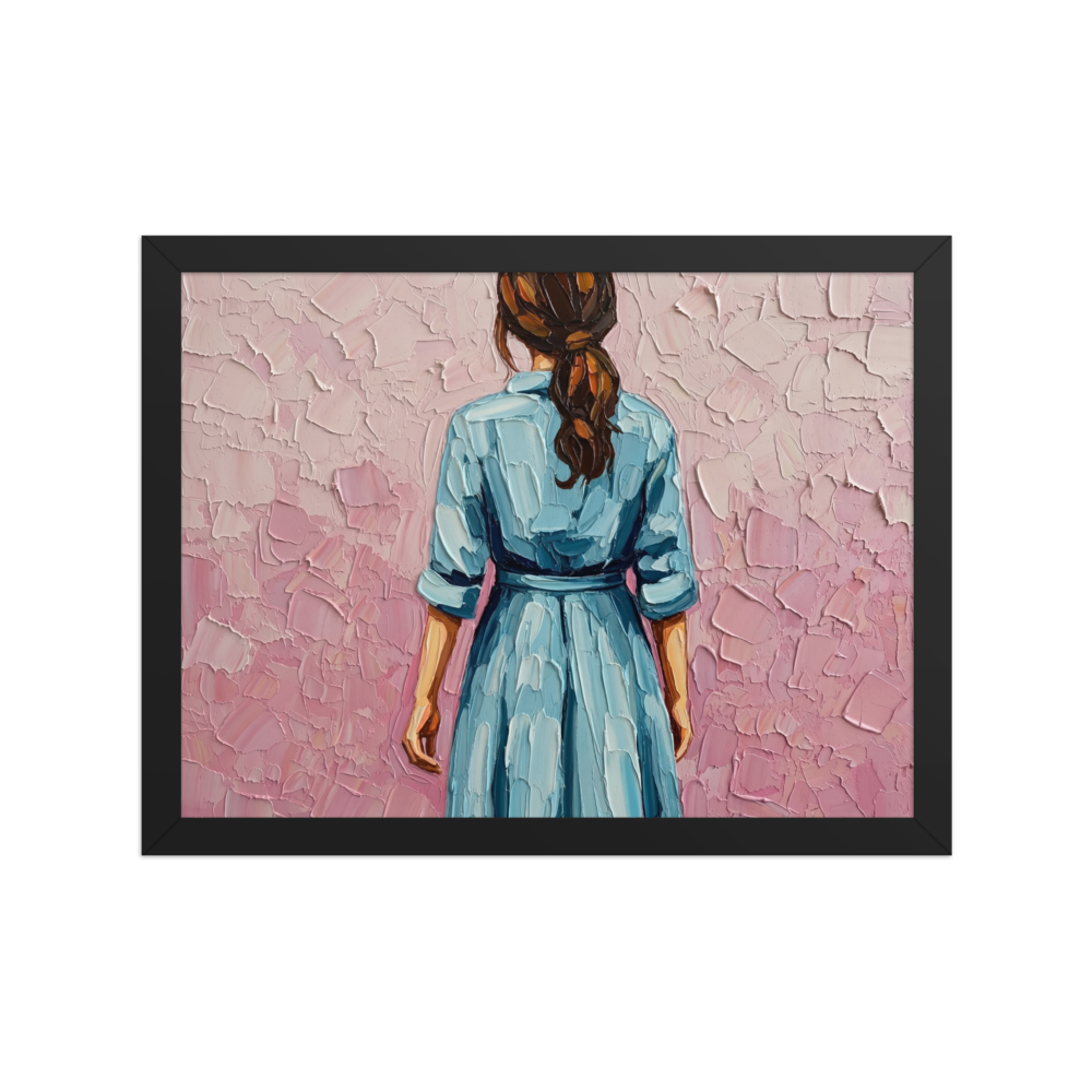 'The Blue Dress' — a Figurative art print. An impasto painting of a woman seen from behind wearing a light blue dress with her hair tied back, standing against a pink wall, perfect for a bedroom.