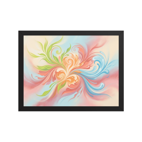 'Whispering Zephyr' — a Abstract art print. An abstract airbrush painting of flowing pastel curves in orange, green, and blue, bringing gentle energy to a sunroom.