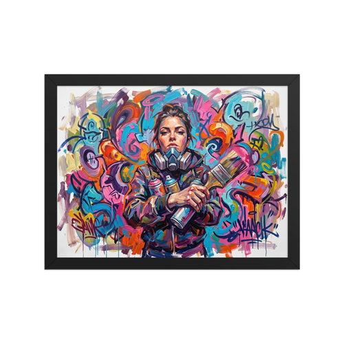 'Urban Canvas' — a Street art print. A vibrant Street art painting of a female street artist with a respirator mask, holding spray cans and a brush, ideal for a Studio.