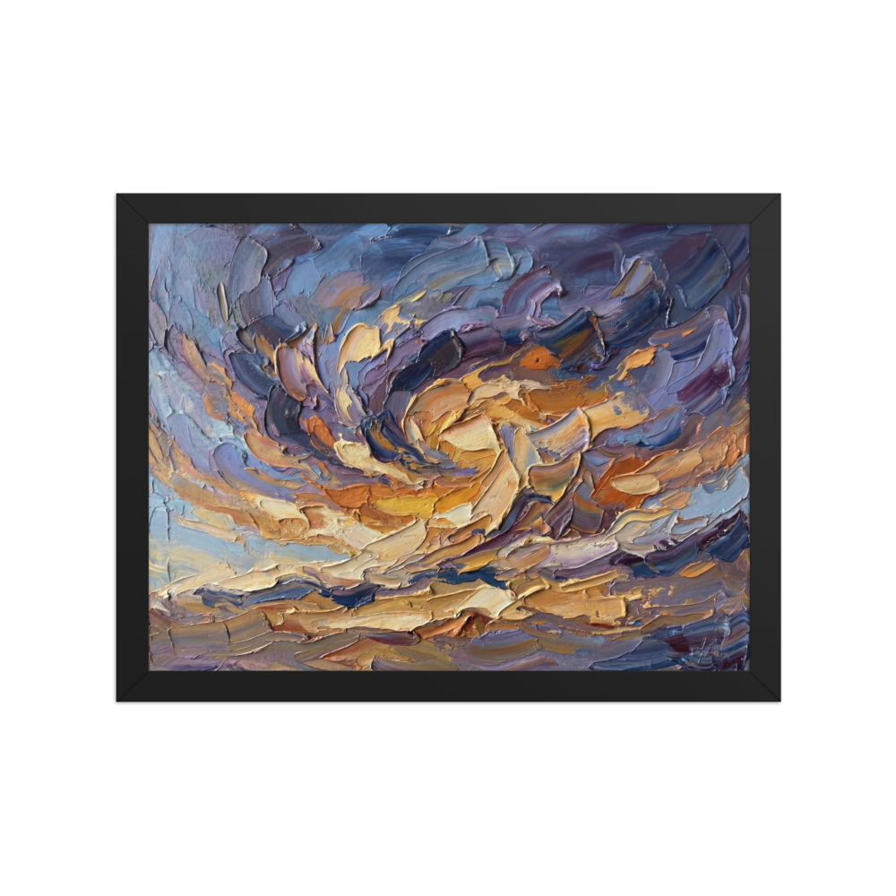 'Swirling Twilight Skies' — a Abstract expressionism print. An abstract impasto oil painting of swirling clouds in purple, gold, and blue, creating a dramatic stormy sky effect for a bedroom or studio.