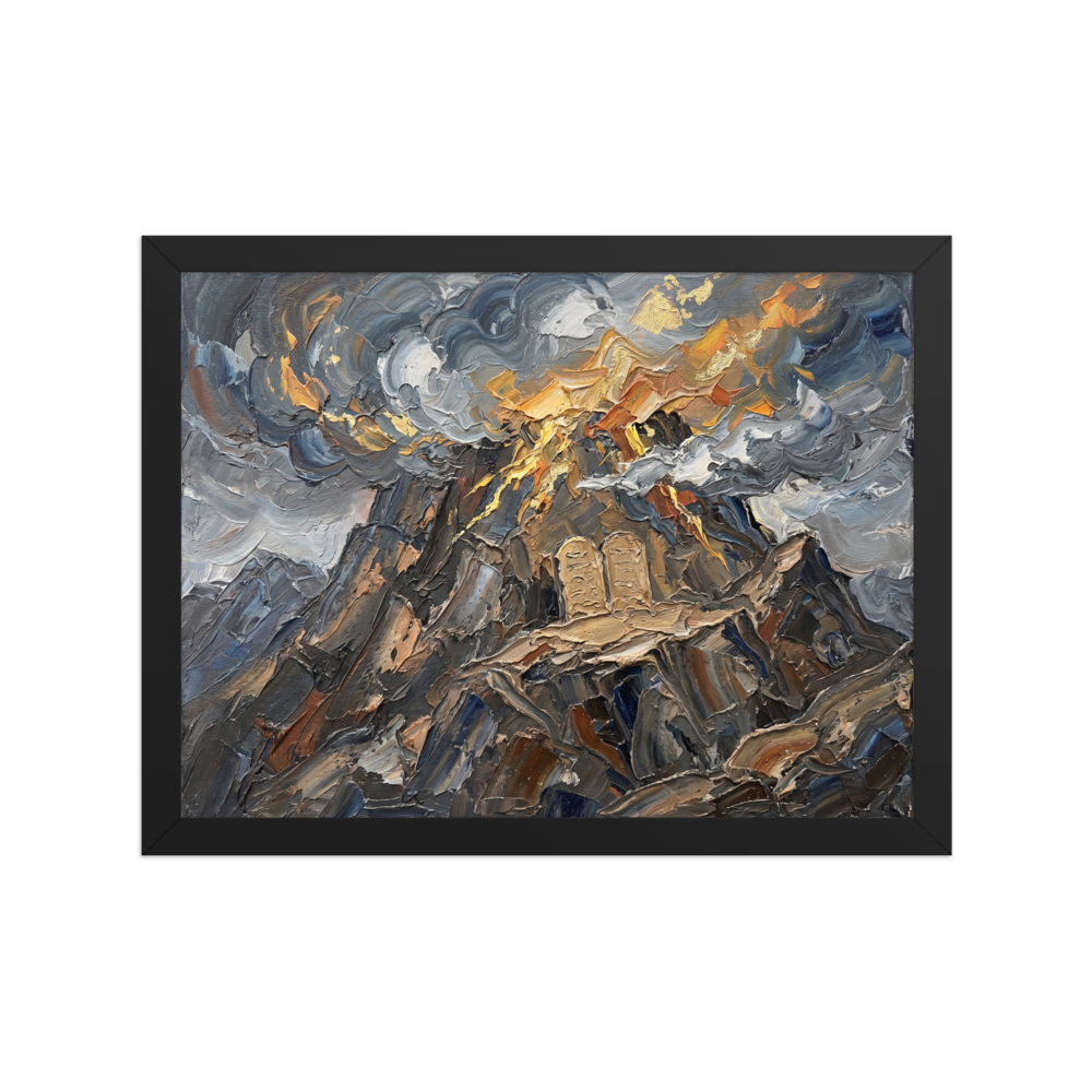 'The Covenant on Sinai' — a Symbolism print. An impasto painting of the Ten Commandments on a fiery mountain with gold accents, perfect for a Prayer Room.