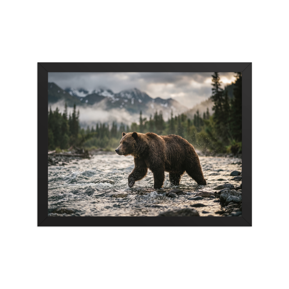'River Crossing' — a Art photography print. A photograph of a large brown bear walking through a shallow rocky river with mountains and a misty forest in the background, a striking nature piece for a Cabin / Lodge.