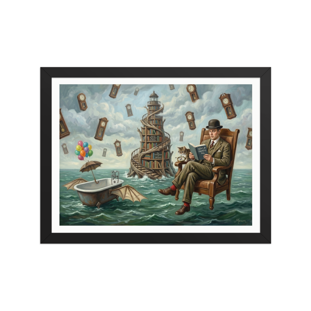 'Reading in the Sea of Time' — a Surrealism print. A surreal painting depicting a man in a bowler hat reading in an armchair floating on the ocean, surrounded by levitating grandfather clocks and a towering staircase of books.