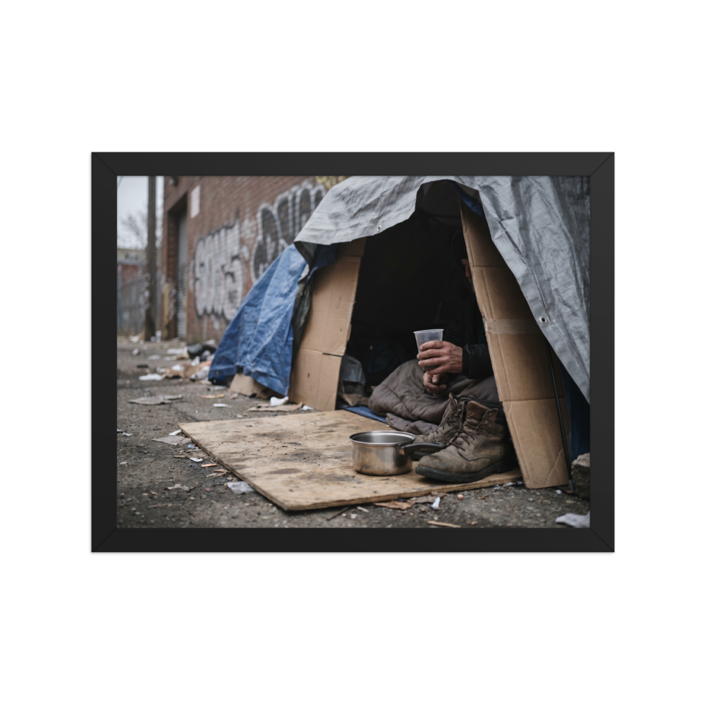 'Urban Realities' — a Art photography print. A photograph of a makeshift shelter made of tarps and cardboard on a dirty city street, with a person sitting inside holding a cup, a striking piece for a Gallery.