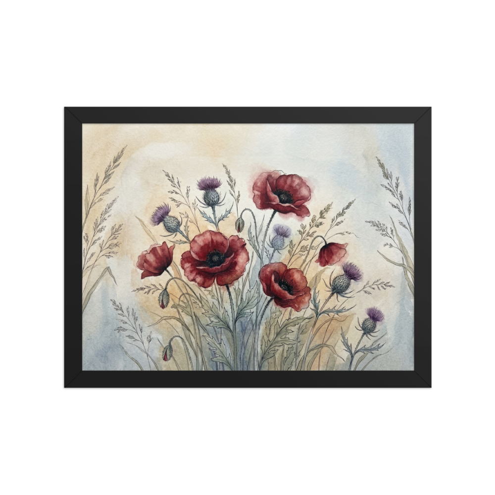 'Wildflower Medley' — a Realism print. Delicate watercolor painting of red poppies and purple thistles against a soft background, perfect for a serene bedroom.
