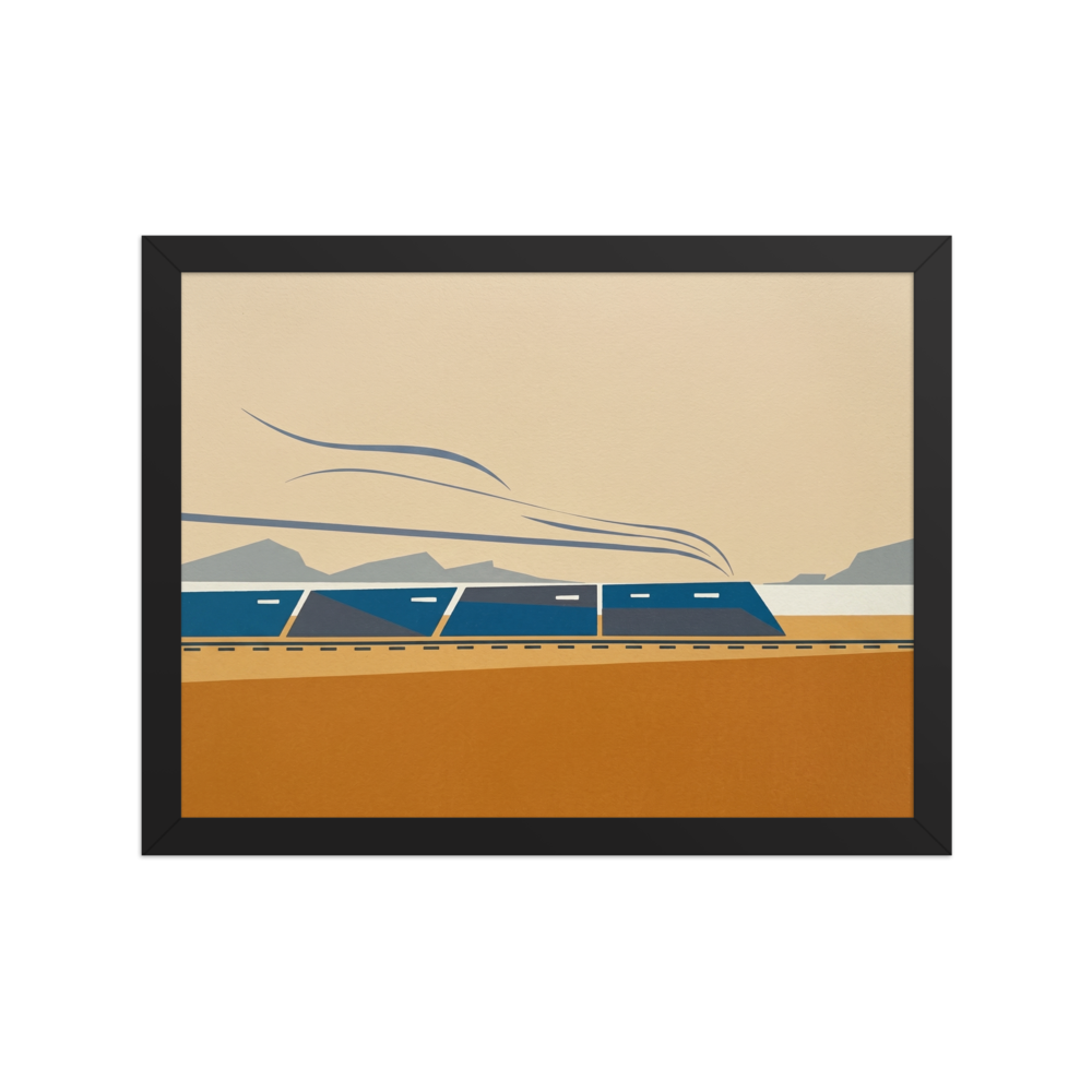 'The Coastal Express' — a Minimalism print. A modern minimalist graphic illustration of a blue train moving across an ochre and beige landscape with grey mountains in the background, ideal for an Office or Boy's Bedroom.