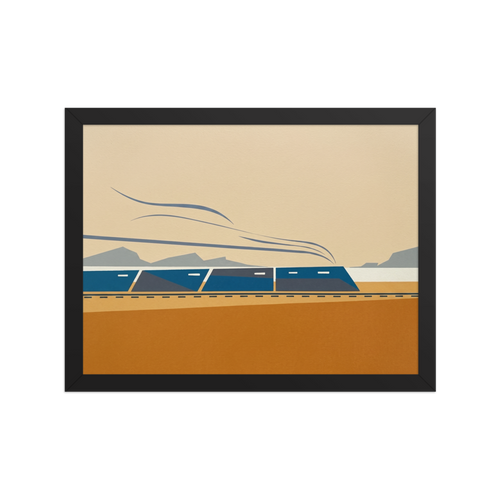 'The Coastal Express' — a Minimalism print. A modern minimalist graphic illustration of a blue train moving across an ochre and beige landscape with grey mountains in the background, ideal for an Office or Boy's Bedroom.